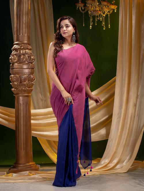 women's solid navy blue colored saree - 19225253 - Very Small Image - 1