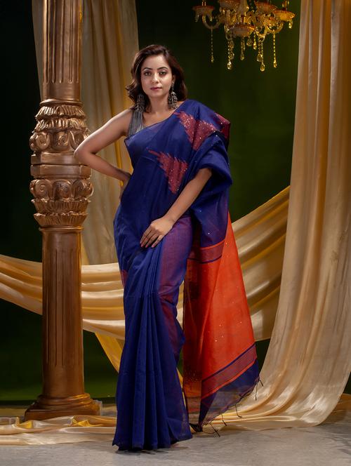women's self design navy blue colored saree with blouse - 19225269 - Very Small Image - 1