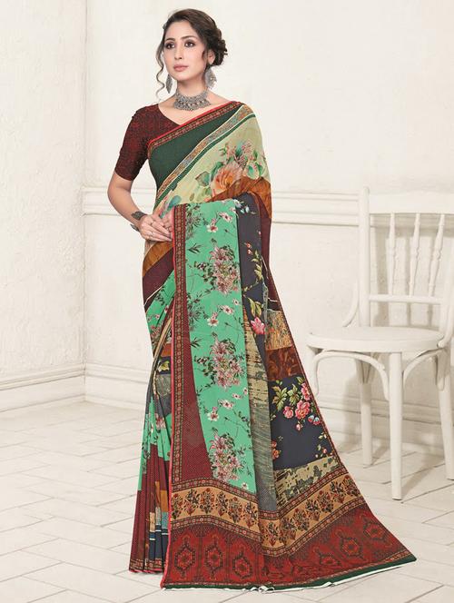 multi colored georgette printed saree with blouse - 19225462 - Very Small Image - 1
