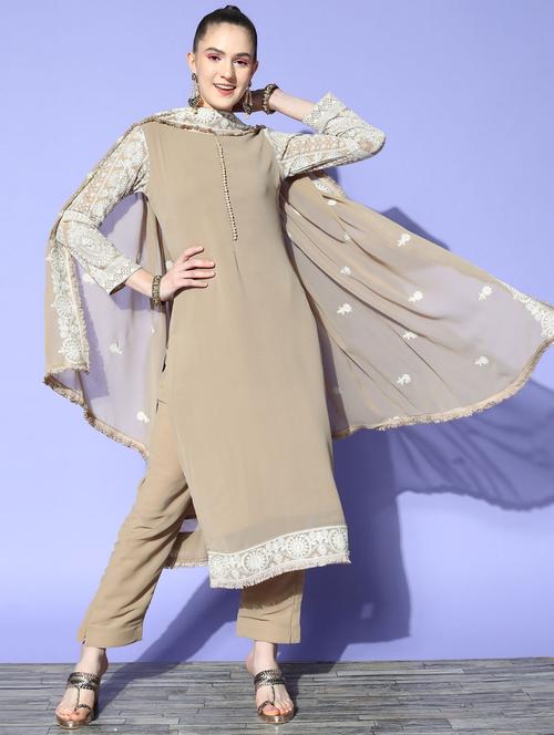 beige solid suit set with dupatta - 19225868 - Very Small Image - 1