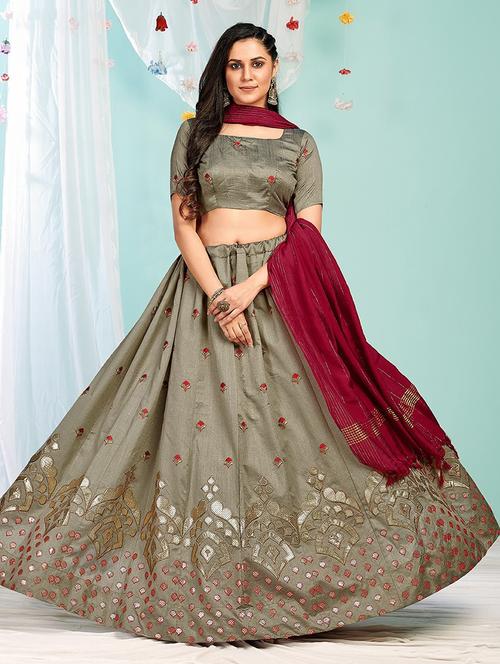 grey embroidered flared lehenga - 19242387 - Very Small Image - 1