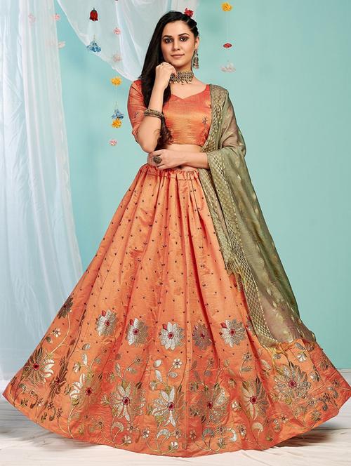 orange silk flared lehenga - 19242420 - Very Small Image - 1
