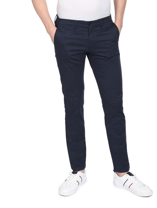 blue solid flat front casual trouser - 19258133 - Very Small Image - 1