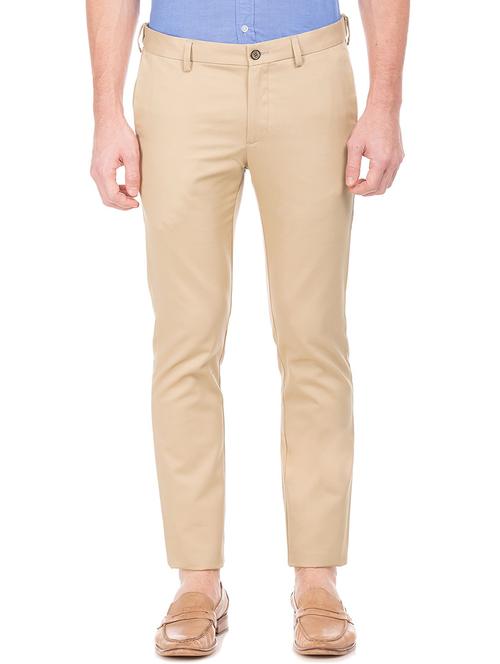 beige solid flat front casual trouser - 19258217 - Very Small Image - 1