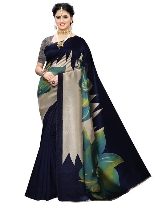 women's floral navy blue colored saree with blouse - 19261039 - Very Small Image - 1