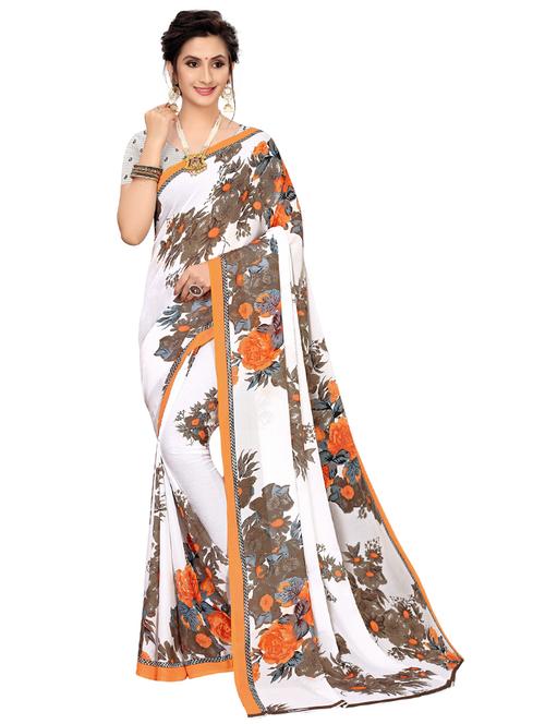 women's floral white colored saree with blouse - 19261425 - Very Small Image - 1