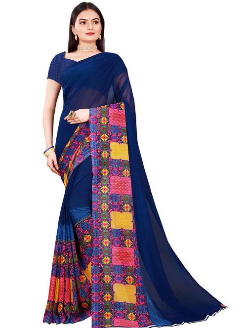 women's printed blue colored saree with blouse - 19263254 - Very Small Image - 1