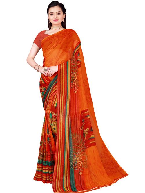 women's floral orange colored saree with blouse - 19263636 - Very Small Image - 1