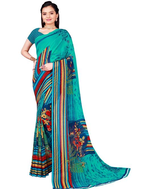 women's floral teal colored saree with blouse - 19263953 - Very Small Image - 1