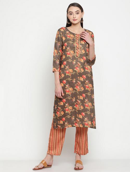 brown three quarter sleeve kurta pant set  - 19264584 - Very Small Image - 1