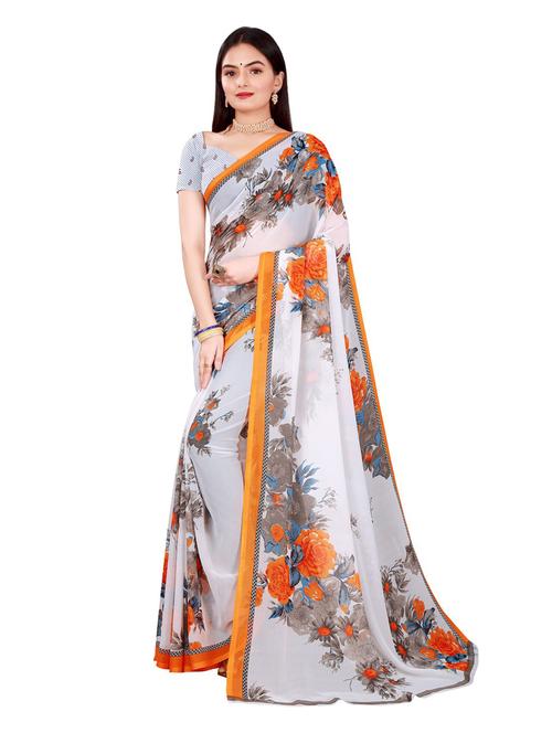 women's printed white colored saree with blouse - 19264880 - Very Small Image - 1