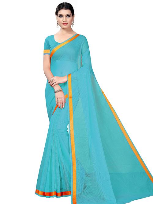 women's bordered turquoise colored saree with blouse - 19265531 - Very Small Image - 1