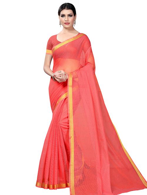 women's bordered coral colored saree with blouse - 19265535 - Very Small Image - 1