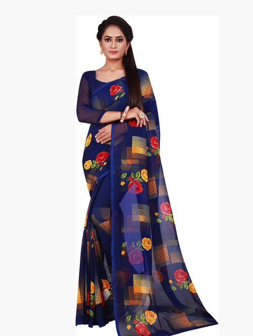 women's floral blue colored saree with blouse - 19265580 - Very Small Image - 1