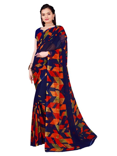 women's printed navy blue colored saree with blouse - 19282209 - Very Small Image - 1