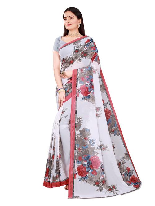 women's floral white colored saree with blouse - 19282215 - Very Small Image - 1