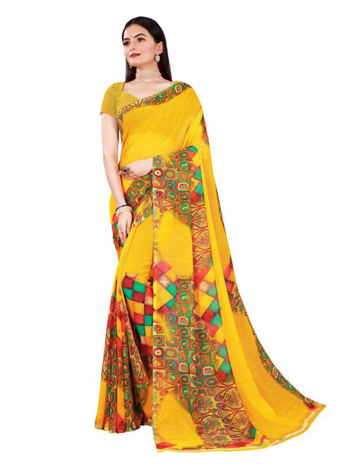 women's printed yellow colored saree with blouse - 19282216 - Very Small Image - 1