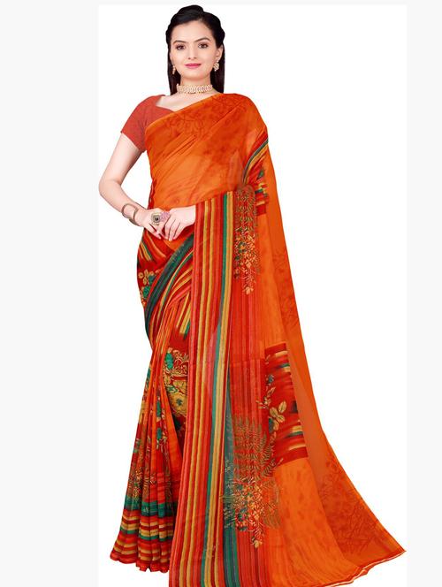 women's printed orange colored saree with blouse - 19282241 - Very Small Image - 1