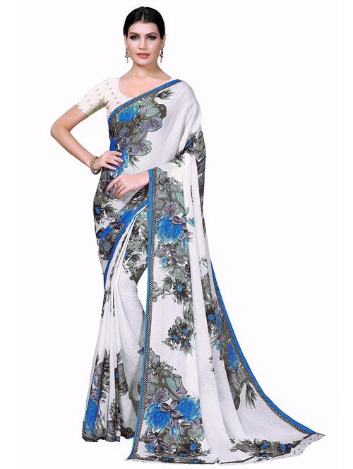 women's printed white colored saree with blouse - 19282264 - Very Small Image - 1