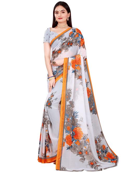 women's floral white colored saree with blouse - 19282282 - Very Small Image - 1