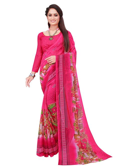 women's floral pink colored saree with blouse - 19282296 - Very Small Image - 1