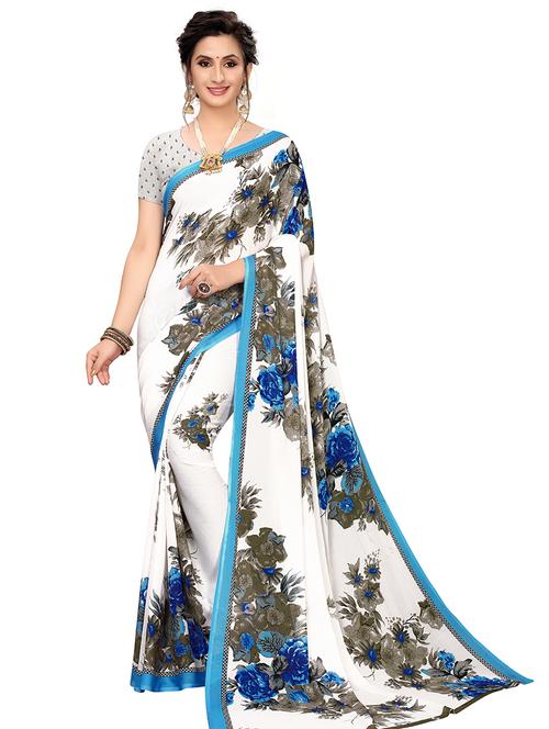 women's floral white colored saree with blouse - 19283383 - Very Small Image - 1