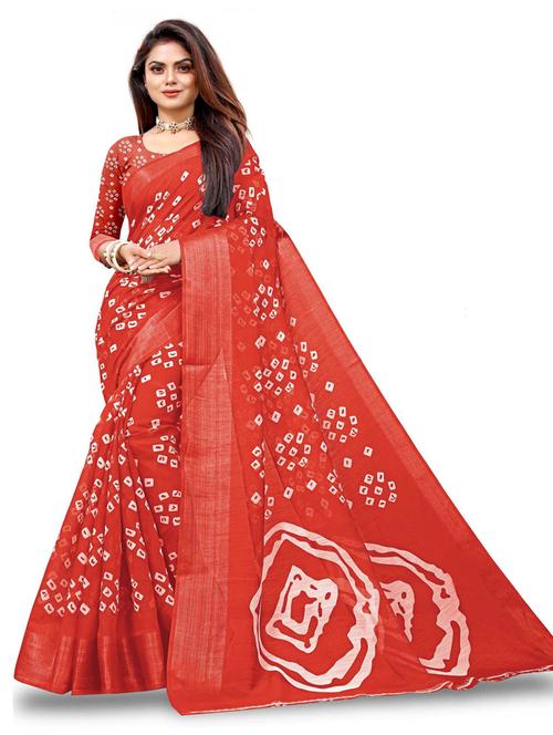 red cotton blend bandhani saree with blouse - 19285808 - Very Small Image - 1