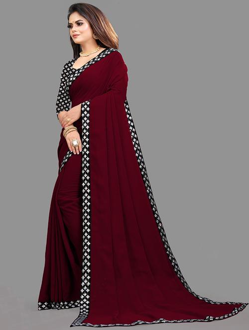 maroon solid bollywood saree with blouse - 19287134 - Very Small Image - 1