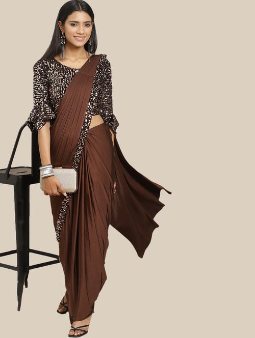 women's bordered coffee brown colored saree with blouse - 19294012 - Very Small Image - 1