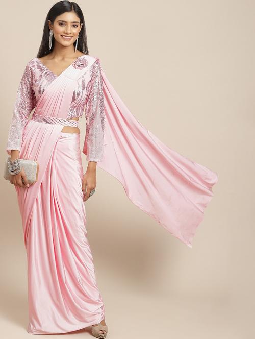 solid laced pre-draped saree with blouse - 19294036 - Very Small Image - 1