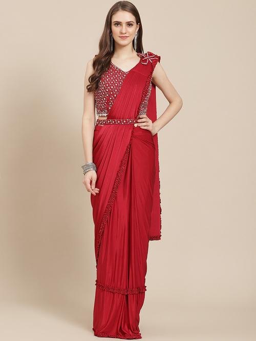 women's solid red colored saree with blouse - 19294060 - Very Small Image - 1