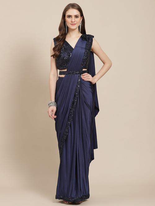 women's solid with work navy blue colored saree with blouse - 19294075 - Very Small Image - 1
