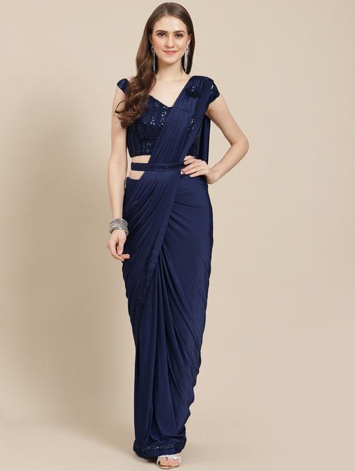 women's solid blue colored saree with blouse - 19294102 - Very Small Image - 1