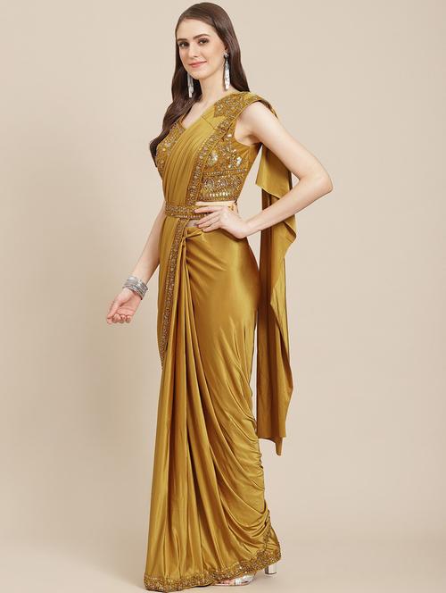 women's self design mustard colored saree with blouse - 19294109 - Very Small Image - 1