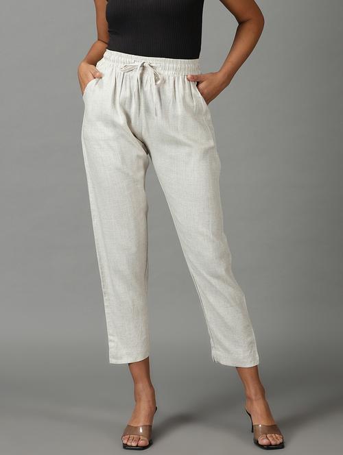 beige solid cigarette pants - 19295300 - Very Small Image - 1