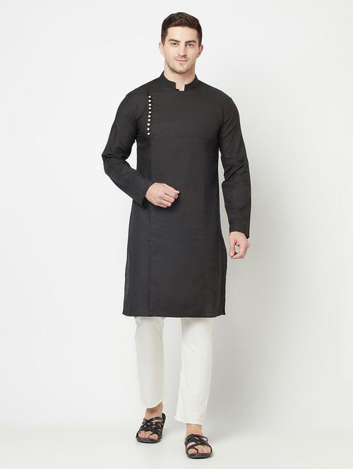 black solid side button long kurta - 19300372 - Very Small Image - 1