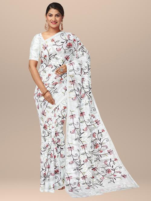 women's solid with work white colored saree with blouse - 19303451 - Very Small Image - 1