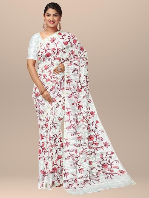 women's floral white colored saree with blouse - 19303452 - Very Small Image - 1