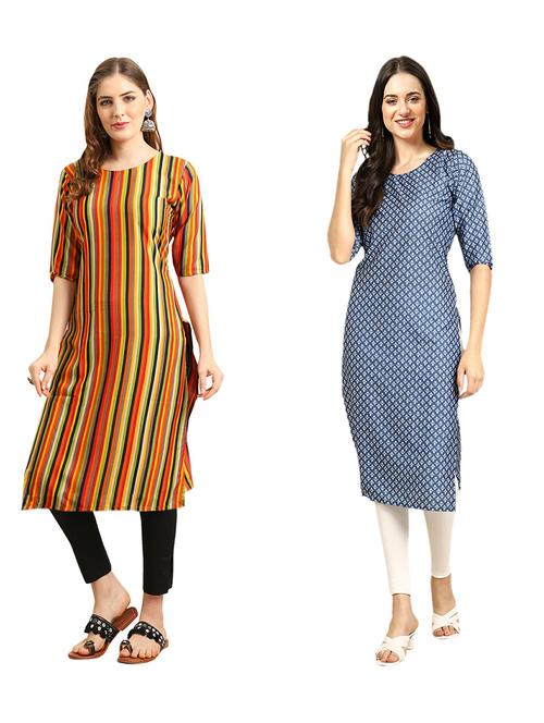pack of 2 printed & striped straight kurta - 19309337 - Very Small Image - 1