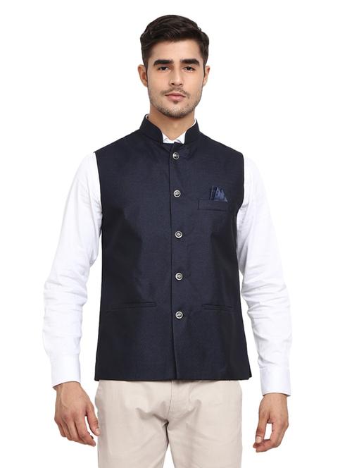 navy blue solid nehru jacket - 19313119 - Very Small Image - 1