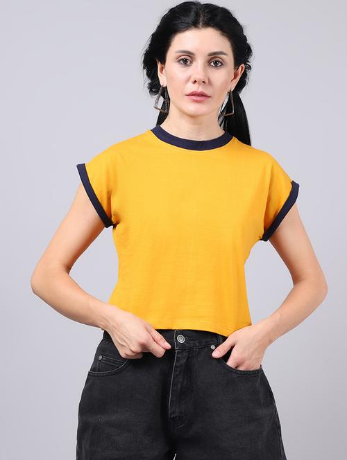 yellow round neck solid crop top - 19313730 - Very Small Image - 1