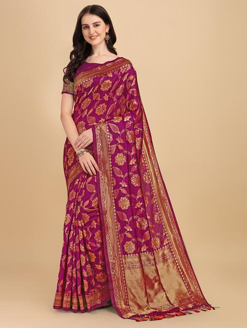 purple self design banarasi saree with blouse - 19314406 - Very Small Image - 1