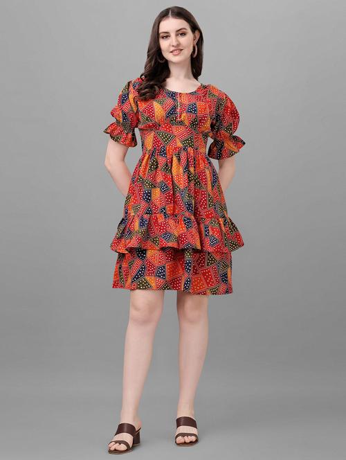 printed puff sleeve fit & flare dress - 19343616 - Very Small Image - 1