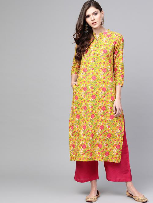 yellow cotton straight kurta - 19346997 - Very Small Image - 1