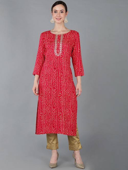 red embroidered straight kurta - 19348566 - Very Small Image - 1
