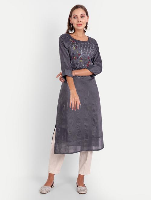 Grey Embroidered Straight Kurta - 19350317 - Very Small Image - 1