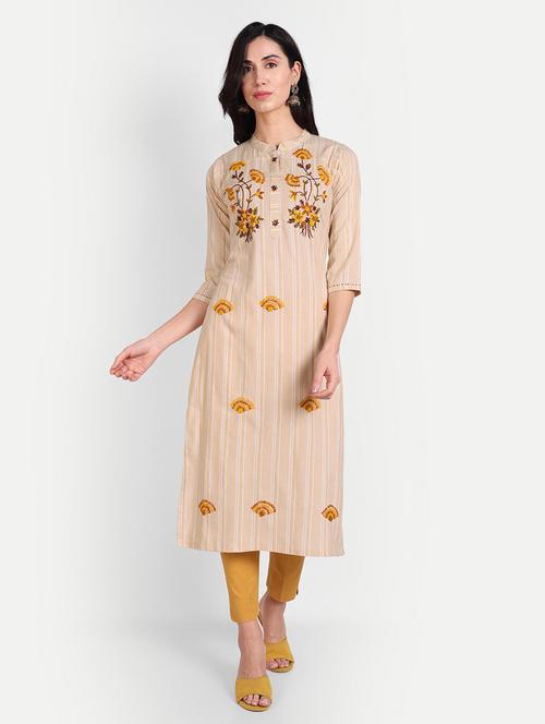Beige Cotton Straight Kurta - 19350352 - Very Small Image - 1