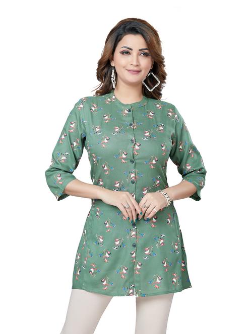 green printed mandarin neck tunic  - 19383228 - Very Small Image - 1