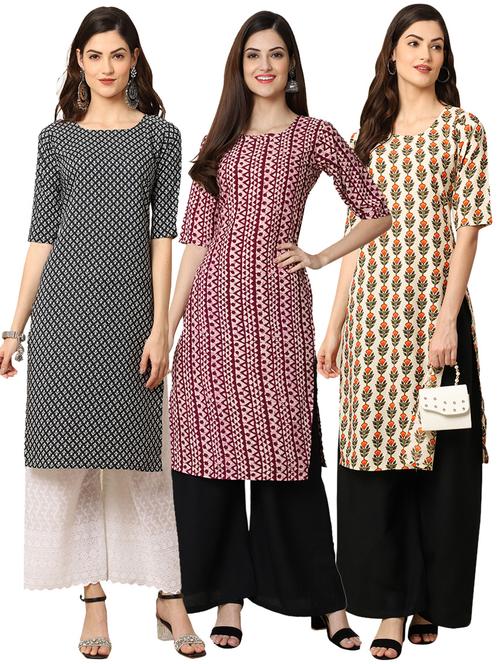 pack off 3 printed straight kurta - 19398624 - Very Small Image - 1