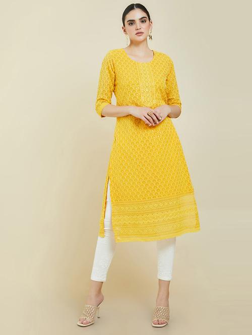 yellow printed straight kurta - 19406038 - Very Small Image - 1